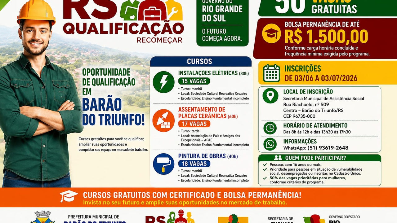 Barão do Triunfo abre 50 vagas em cursos gratuitos de qualificação