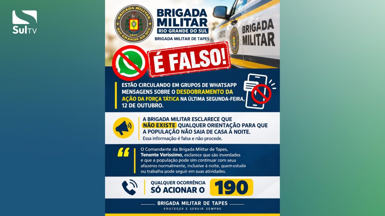 Brigada Militar desmente boato de toque de recolher em Tapes