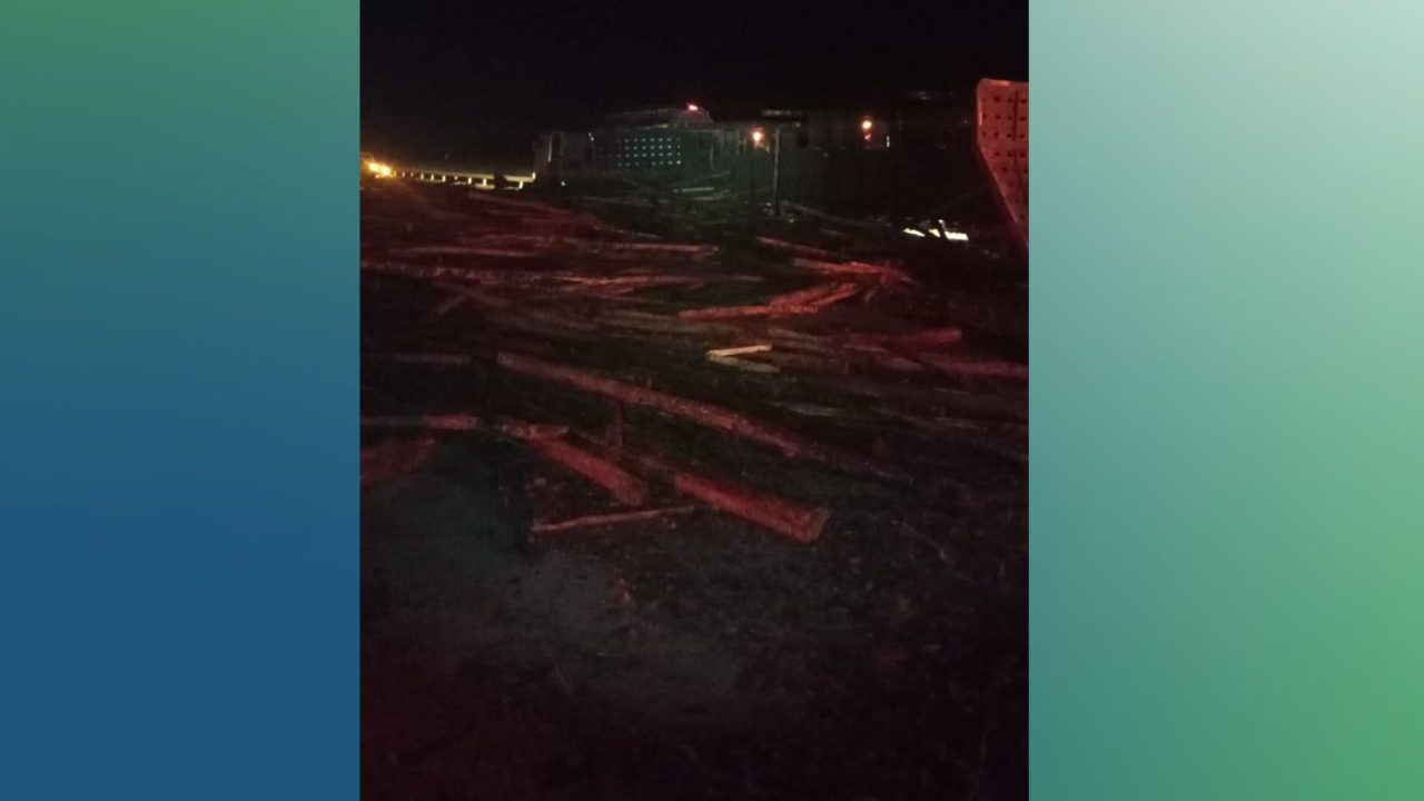 Caminhão lenheiro tomba na BR-116 e bloqueia faixa em Barra do Ribeiro