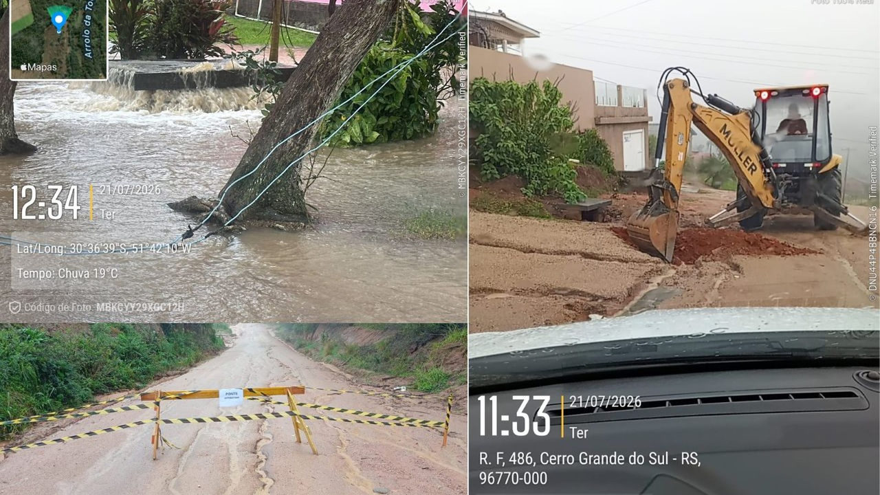 Chuva alaga ruas e interdita 2 pontes em Cerro Grande do Sul