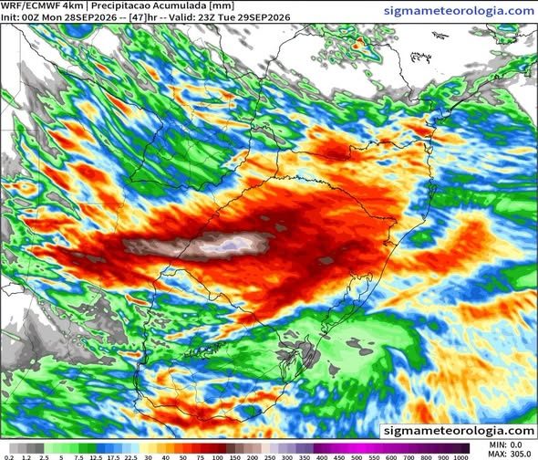 Chuva se aproxima dos 200 mm no RS e temporal deve se intensificar