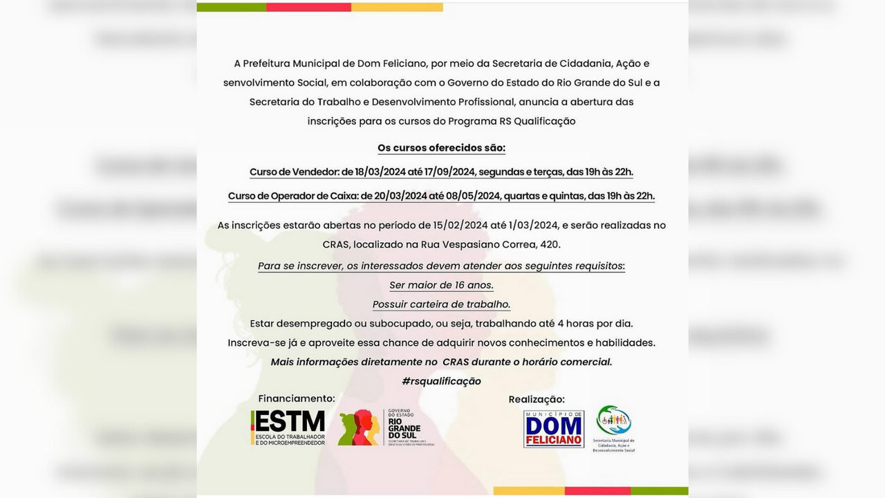 Prefeitura de Dom Feliciano oferece cursos de qualificação profissional