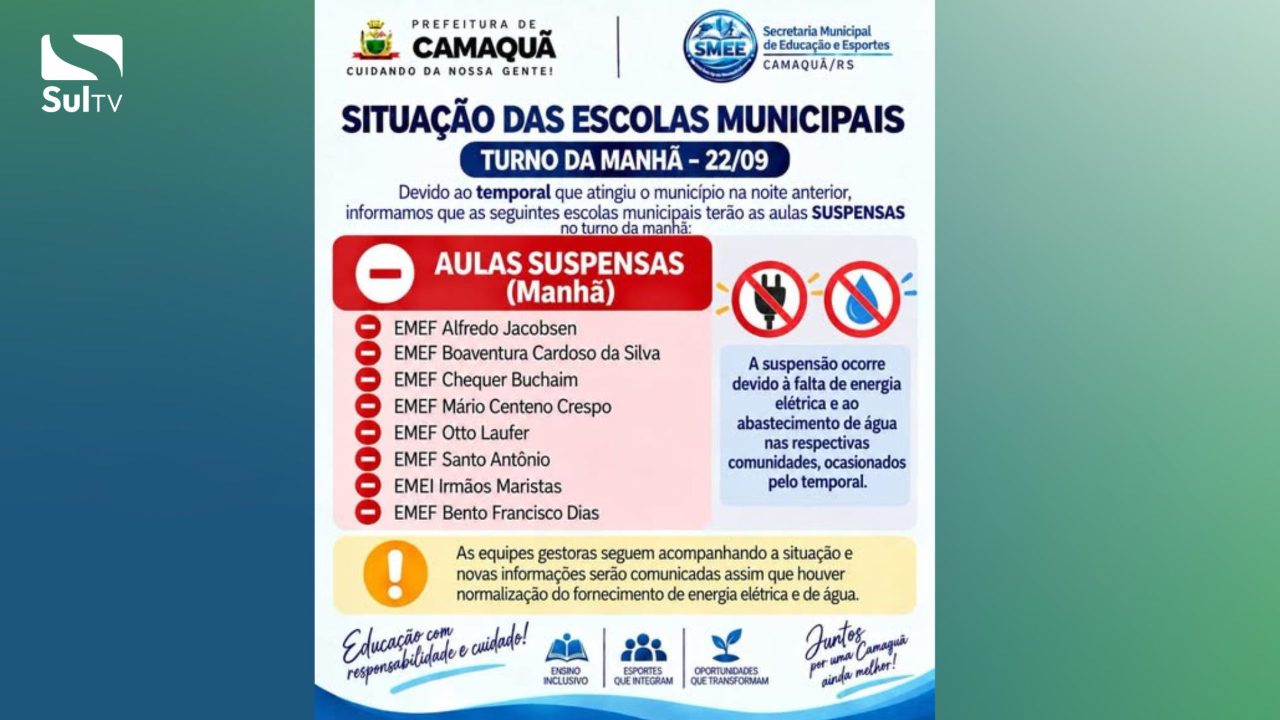 Temporal em Camaquã levou à suspensão das aulas da manhã em escolas municipais