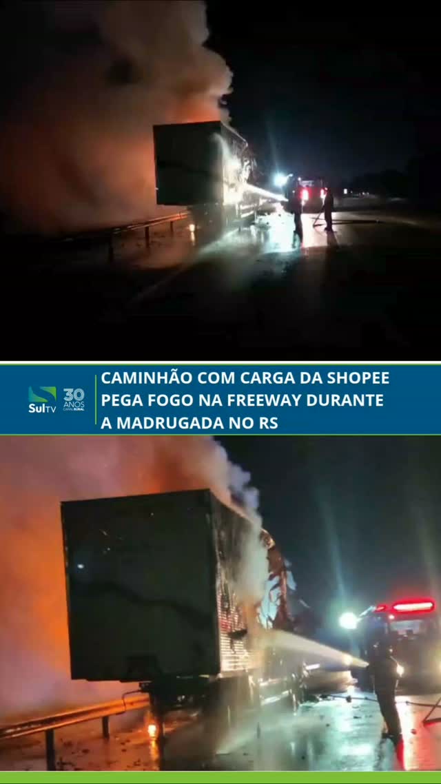 Um caminhão que transportava uma carga da Shopee pegou fogo durante a madrugada desta quinta-feira na Freeway. O incênd…