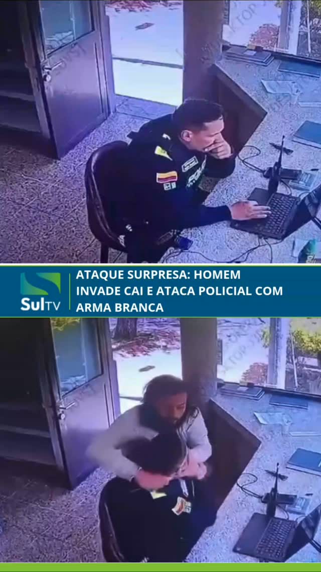 Policial é atacado com arma branca dentro de um CAI em Bogotá, na Colômbia. Câmeras de segurança registraram o momento …