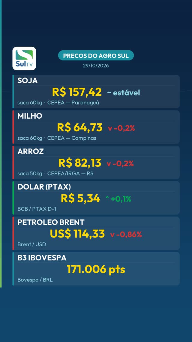 Soja estável a R$ 157,42, milho e arroz recuam 0,2% — Preços do Agro Sul 29/10