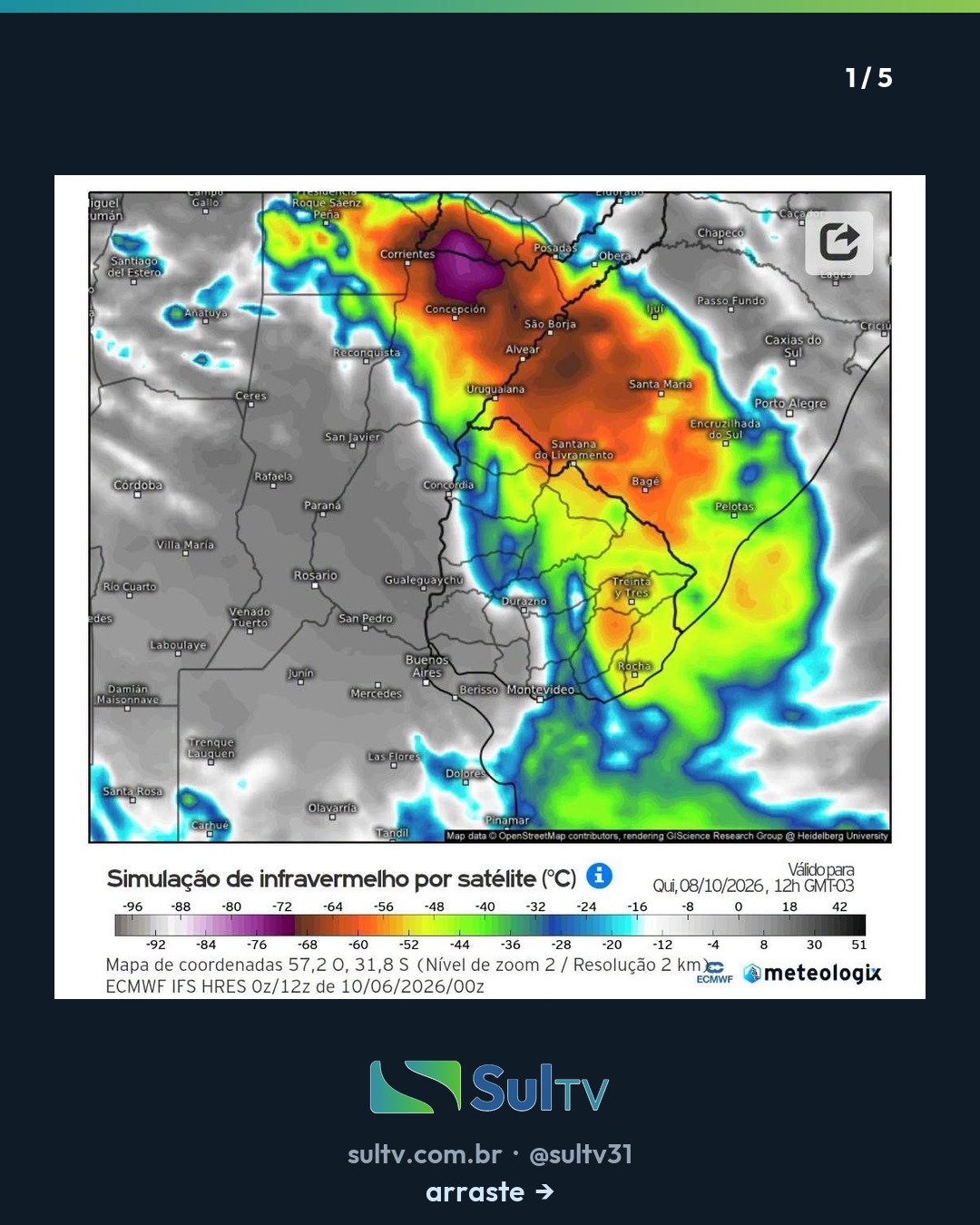 Sistema frontal pode provocar chuva intensa e tempo severo na Costa Doce; volumes podem ser excessivos até o fim de sem…