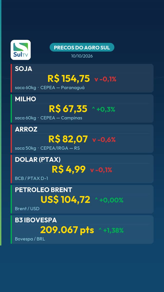 Arroz cai 0,6% e dólar fecha a R$ 4,99 — Preços do Agro Sul 10/10