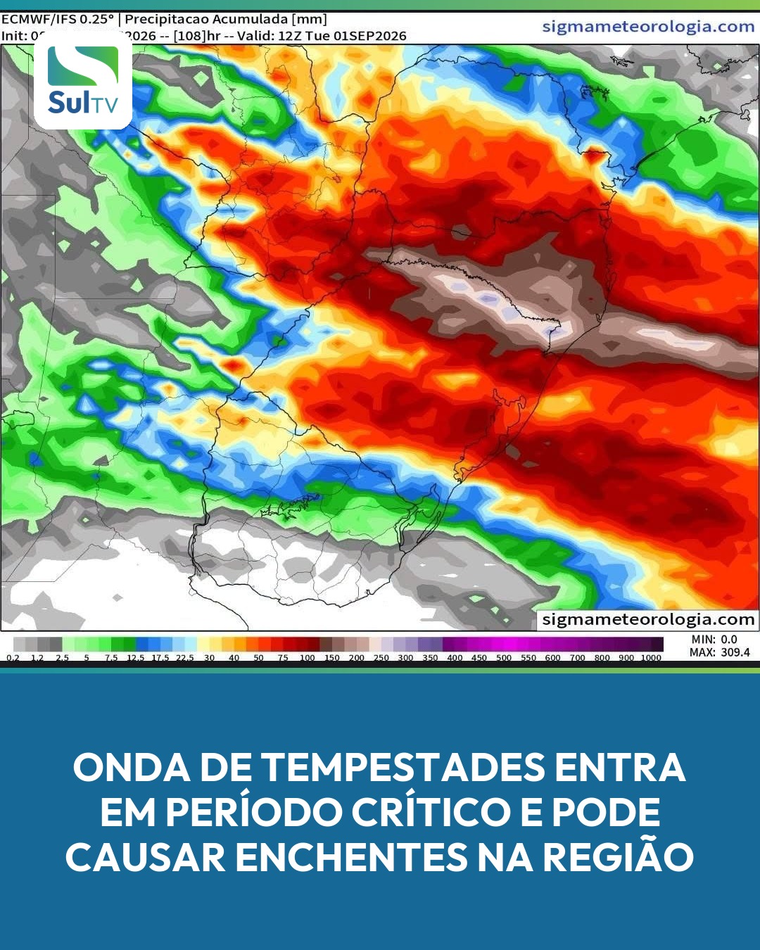 Modelos indicam volumes de chuva de até 300 mm entre RS e SC, com risco de inundações neste fim de semana