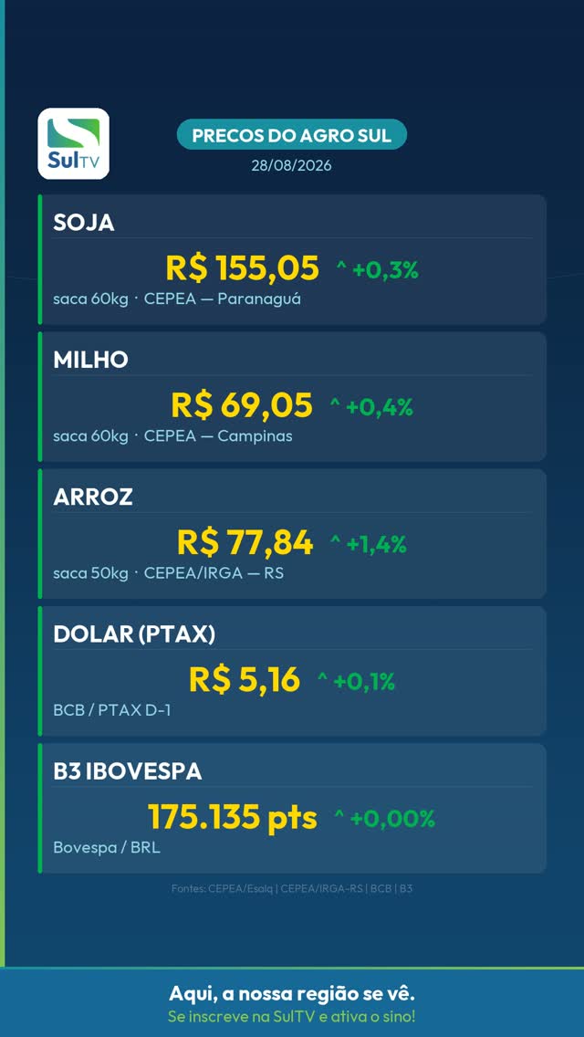 Arroz sobe 1,4% e fecha a R$ 77,84 — Preços do Agro Sul 28/08